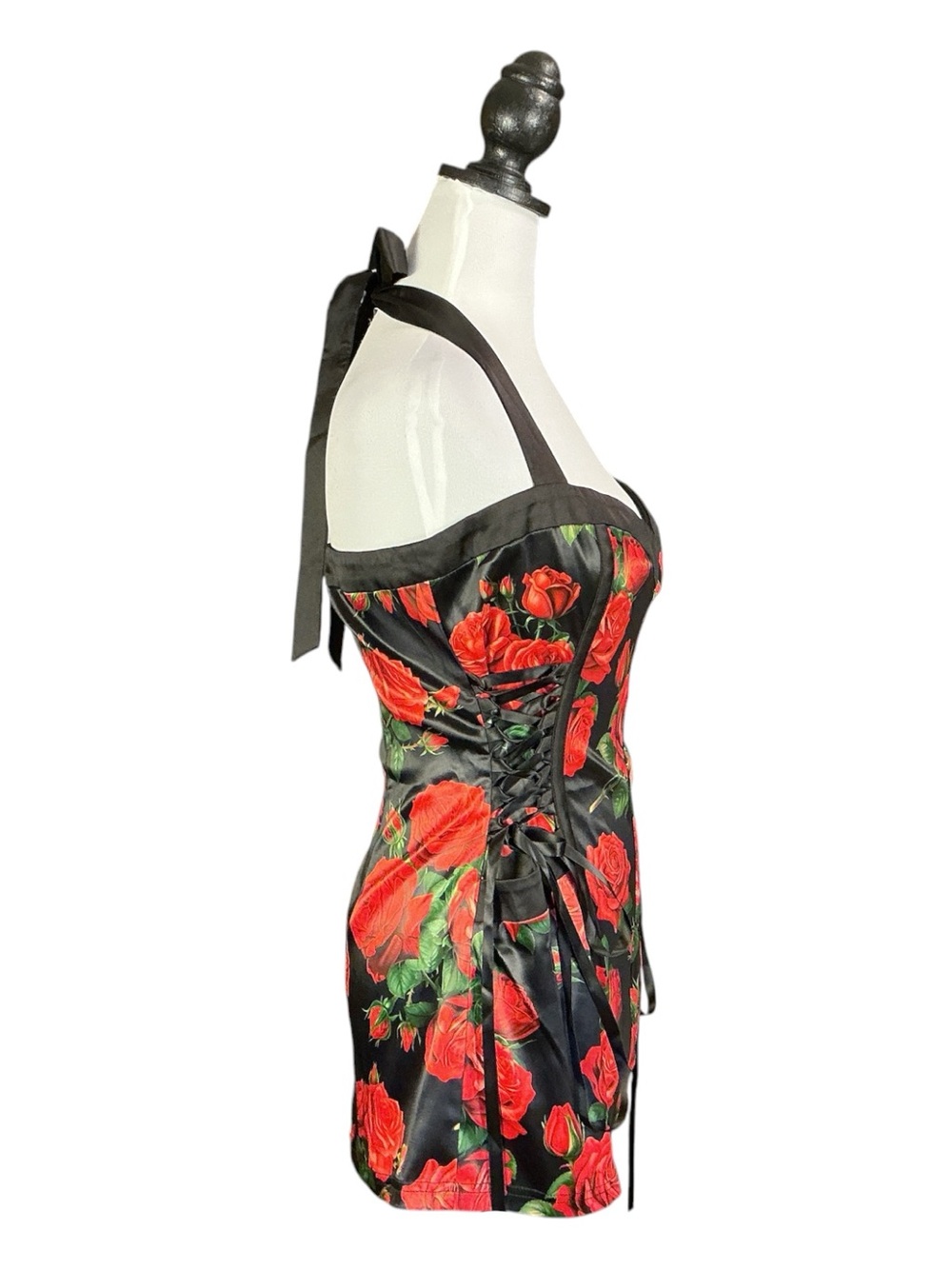 Dolls Kill Sugar Thrillz Romper Black Red Rose Floral Corset Halter Goth L NWOT - Picture 3 of 10
